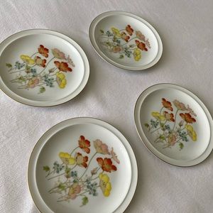 Four vintage painted poppy dessert plates